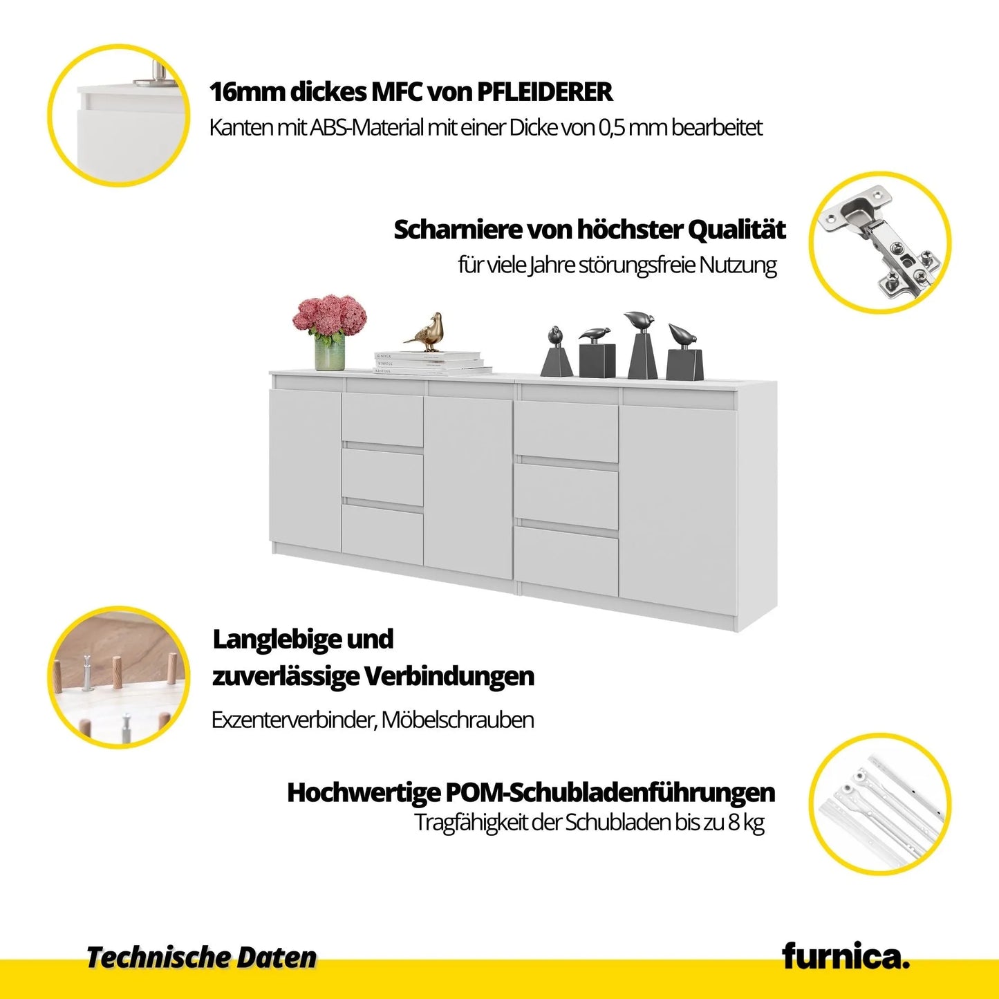 MIKEL - Kommode mit 6 Schubladen und 3 Türen - Schlafzimmer Kommode Aufbewahrung Schrank Sideboard - Weiß Matt / Anthrazit H75cm B200cm T35cm – Furnica
