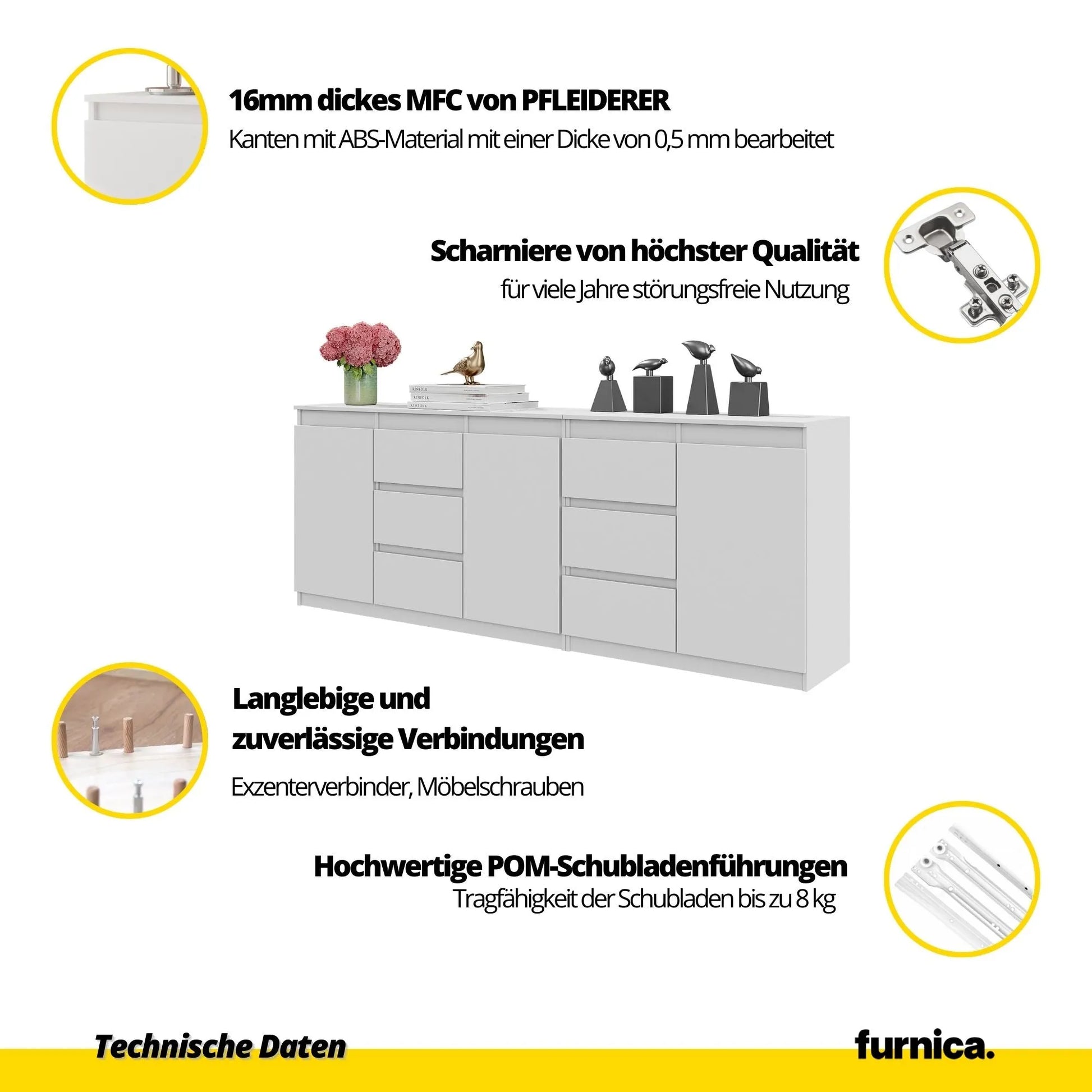 MIKEL - Kommode mit 6 Schubladen und 3 Türen - Schlafzimmer Kommode Aufbewahrung Schrank Sideboard - Weiß Matt / Anthrazit H75cm B200cm T35cm – Furnica