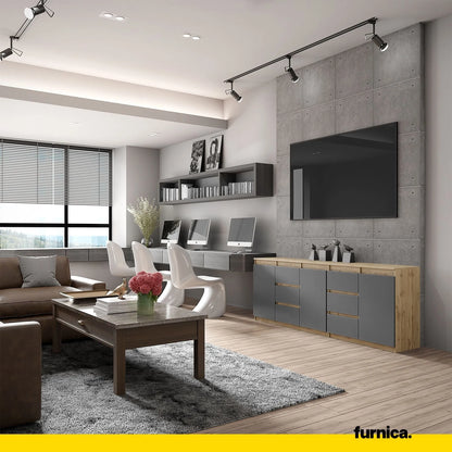 MIKEL - Kommode mit 6 Schubladen und 3 Türen - Schlafzimmer Kommode Aufbewahrung Schrank Sideboard - Wotan Eiche / Anthrazit H75cm B200cm T35cm – Furnica