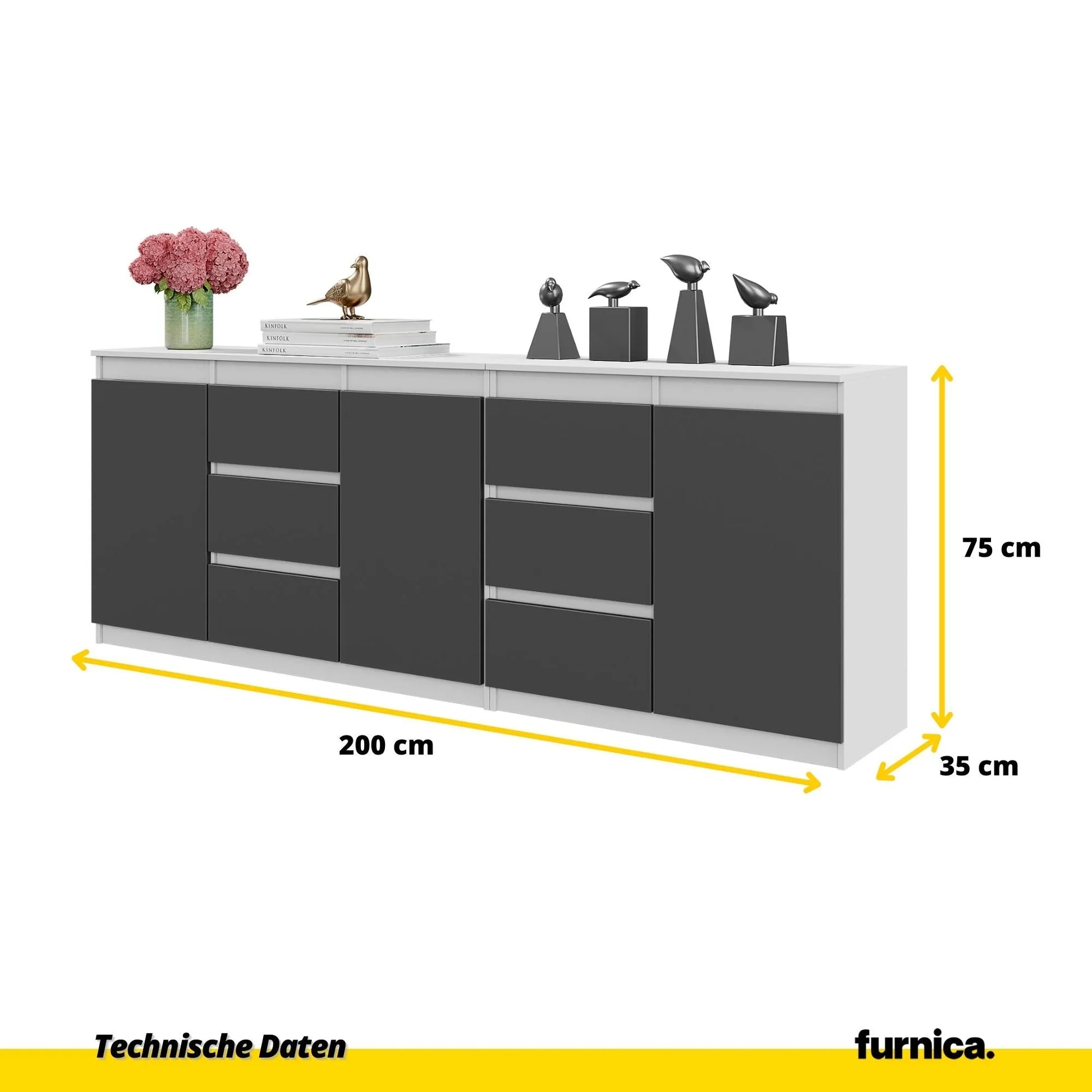 MIKEL - Kommode mit 6 Schubladen und 3 Türen - Schlafzimmer Kommode Aufbewahrung Schrank Sideboard - Weiß Matt / Anthrazit H75cm B200cm T35cm – Furnica