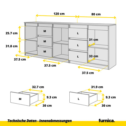 MIKEL - Kommode mit 6 Schubladen und 3 Türen - Schlafzimmer Kommode Aufbewahrung Schrank Sideboard - Wotan Eiche / Weiß Matt H75cm B200cm T35cm – Furnica