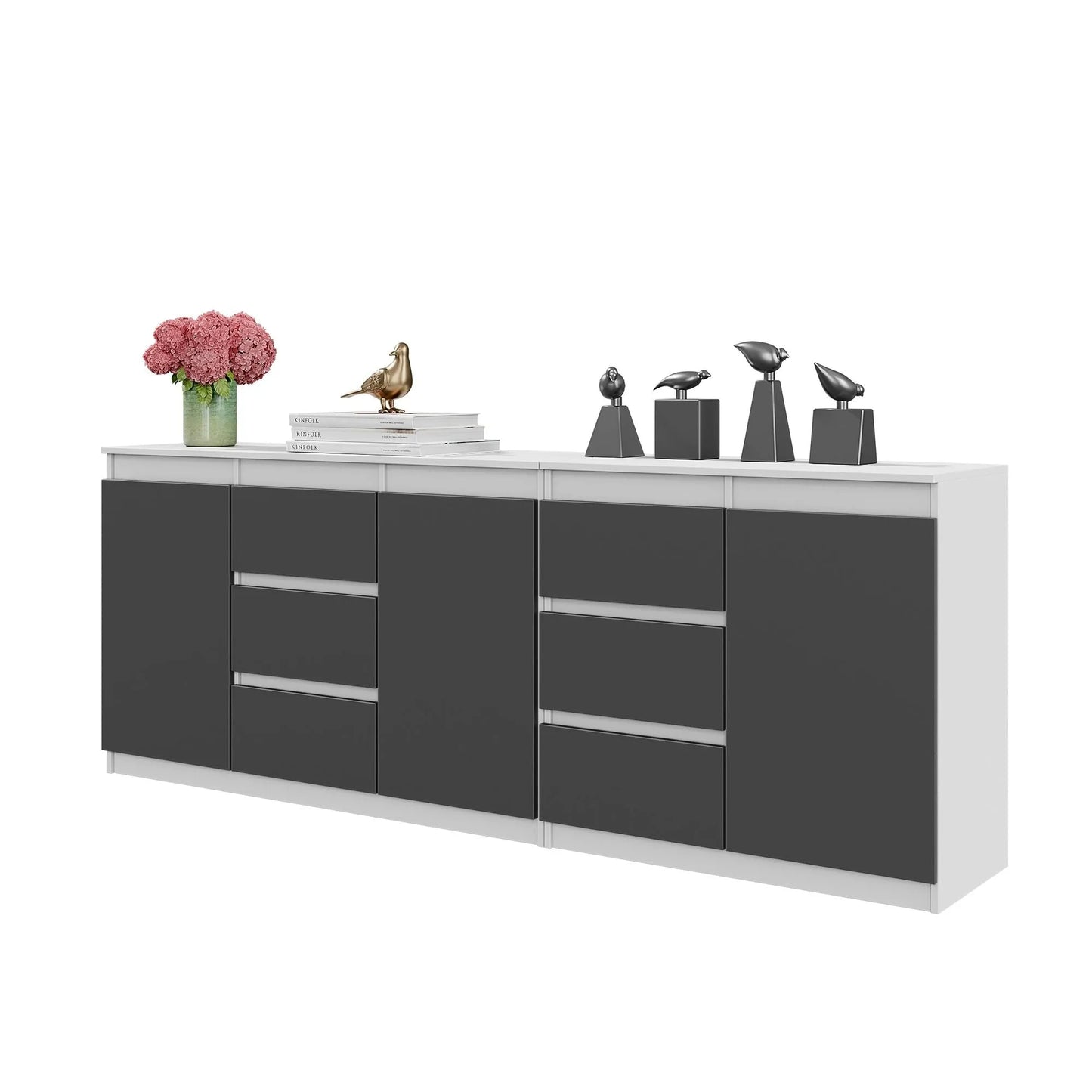 MIKEL - Kommode mit 6 Schubladen und 3 Türen - Schlafzimmer Kommode Aufbewahrung Schrank Sideboard - Weiß Matt / Anthrazit H75cm B200cm T35cm – Furnica