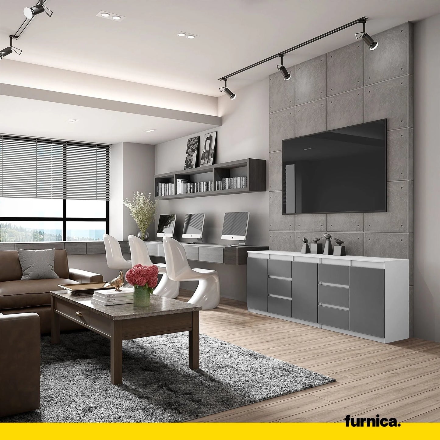 MIKEL - Kommode mit 6 Schubladen und 3 Türen - Schlafzimmer Kommode Aufbewahrung Schrank Sideboard - Weiß Matt / Anthrazit H75cm B200cm T35cm – Furnica