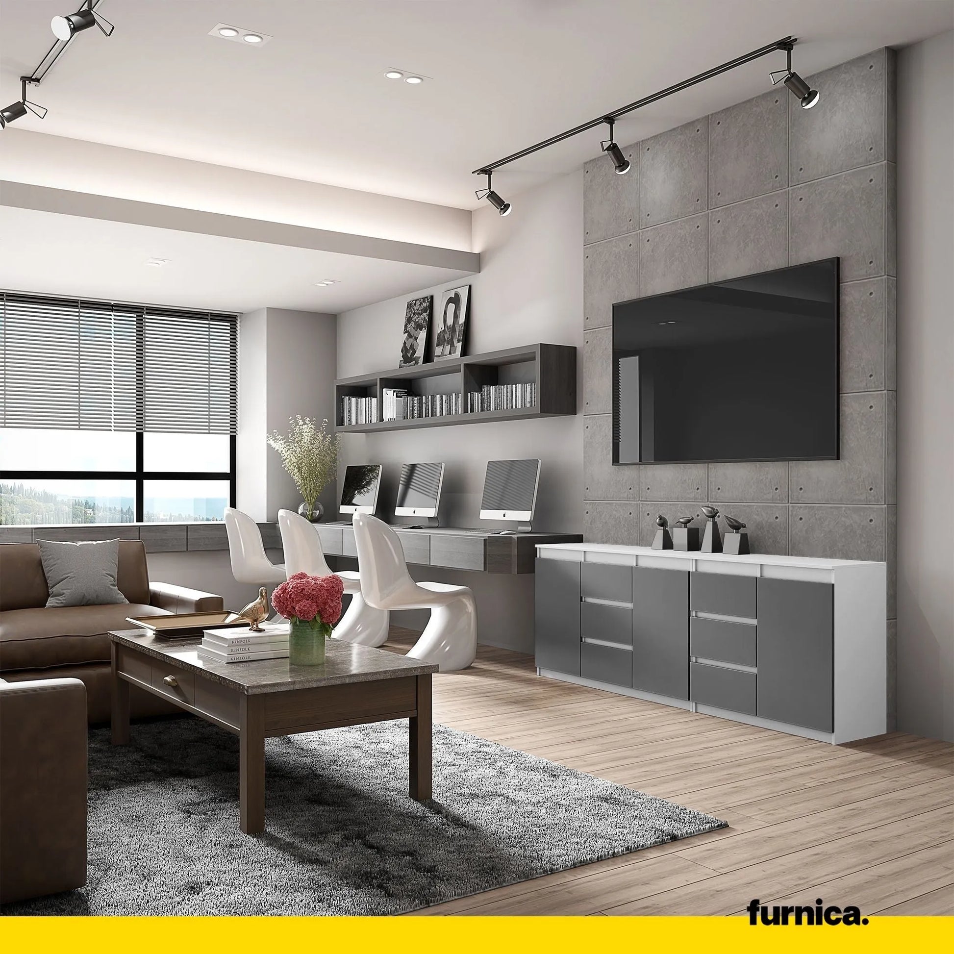 MIKEL - Kommode mit 6 Schubladen und 3 Türen - Schlafzimmer Kommode Aufbewahrung Schrank Sideboard - Weiß Matt / Anthrazit H75cm B200cm T35cm – Furnica