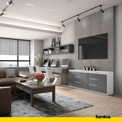 MIKEL - Kommode mit 6 Schubladen und 3 Türen - Schlafzimmer Kommode Aufbewahrung Schrank Sideboard - Weiß Matt / Anthrazit H75cm B200cm T35cm – Furnica