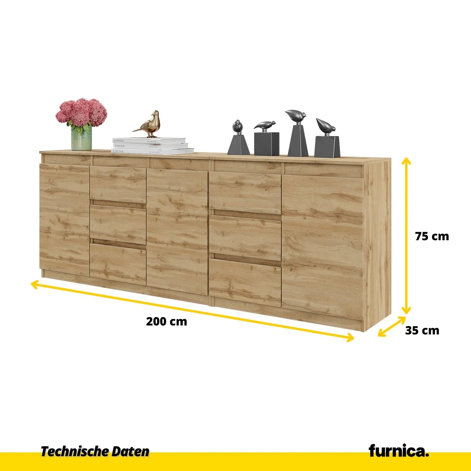 MIKEL - Kommode mit 6 Schubladen und 3 Türen - Schlafzimmer Kommode Aufbewahrung Schrank Sideboard - Wotan Eiche H75cm B200cm T35cm – Furnica