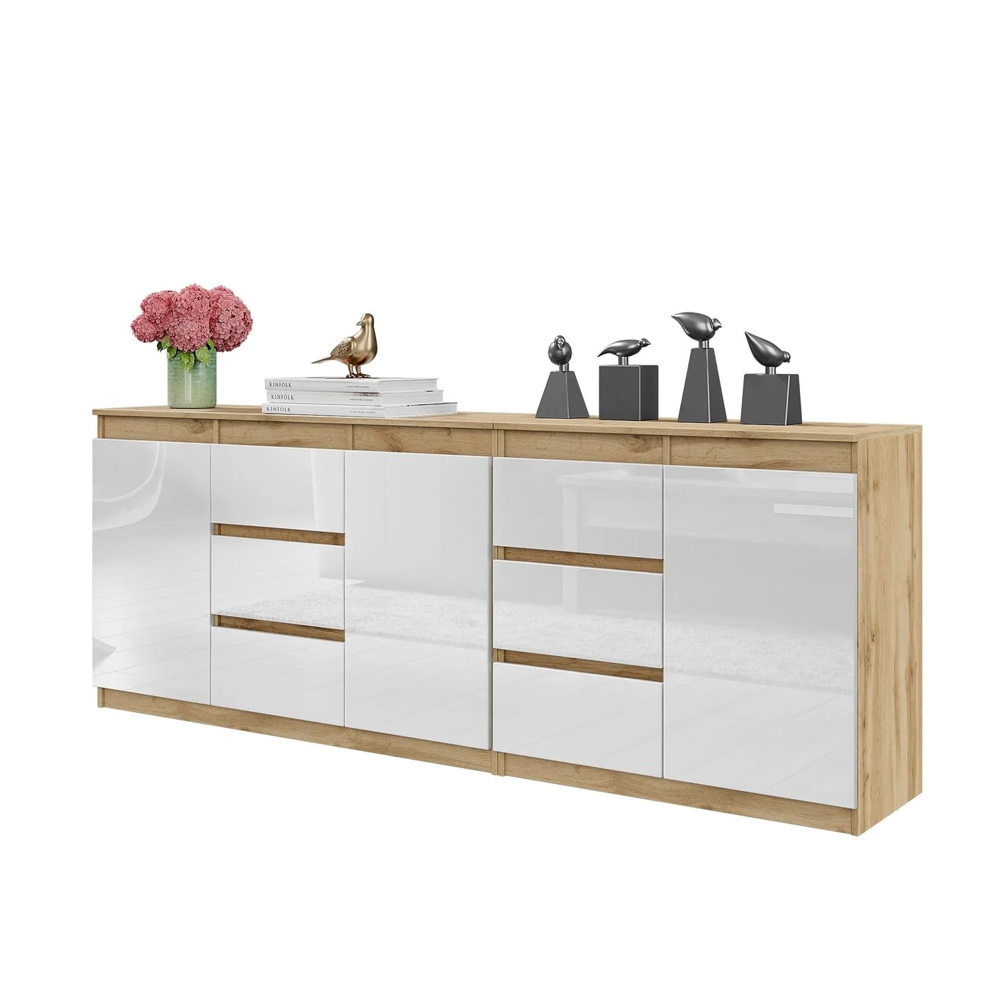 MIKEL - Kommode mit 6 Schubladen und 3 Türen - Schlafzimmer Kommode Aufbewahrung Schrank Sideboard - Wotan Eiche / Weiß Glanz H75cm B200cm T35cm – Furnica