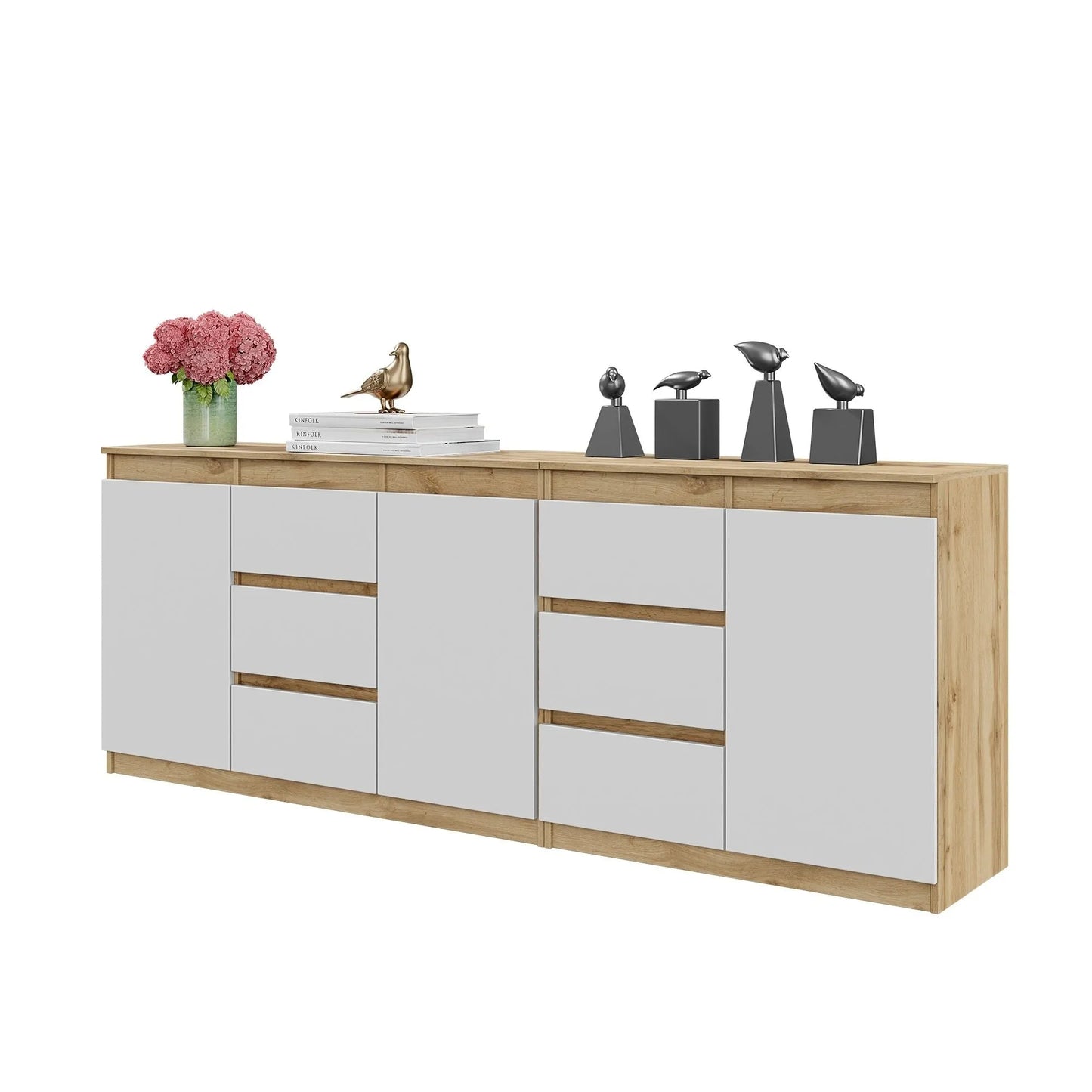 MIKEL - Kommode mit 6 Schubladen und 3 Türen - Schlafzimmer Kommode Aufbewahrung Schrank Sideboard - Wotan Eiche / Weiß Matt H75cm B200cm T35cm – Furnica