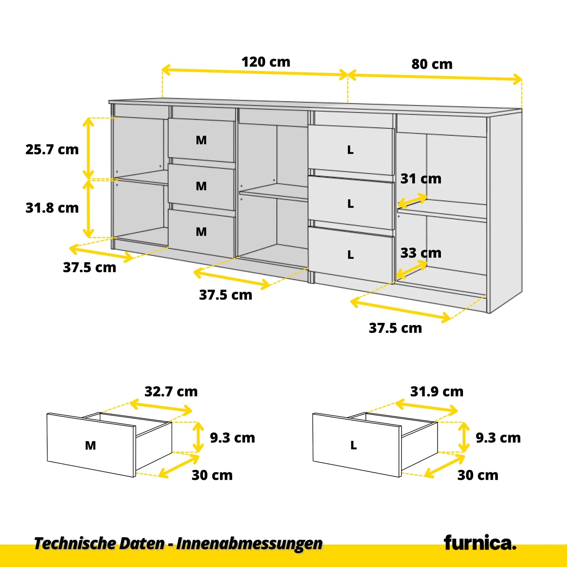 MIKEL - Kommode mit 6 Schubladen und 3 Türen - Schlafzimmer Kommode Aufbewahrung Schrank Sideboard - Weiß Matt / Anthrazit H75cm B200cm T35cm – Furnica