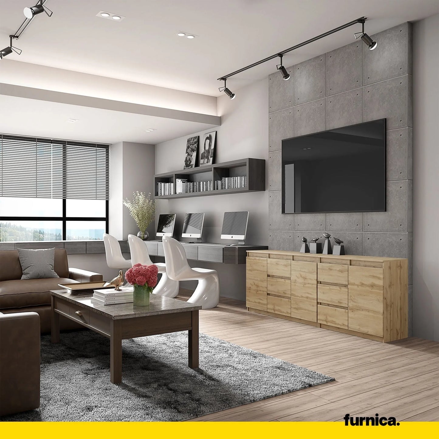 MIKEL - Kommode mit 6 Schubladen und 3 Türen - Schlafzimmer Kommode Aufbewahrung Schrank Sideboard - Wotan Eiche H75cm B200cm T35cm – Furnica