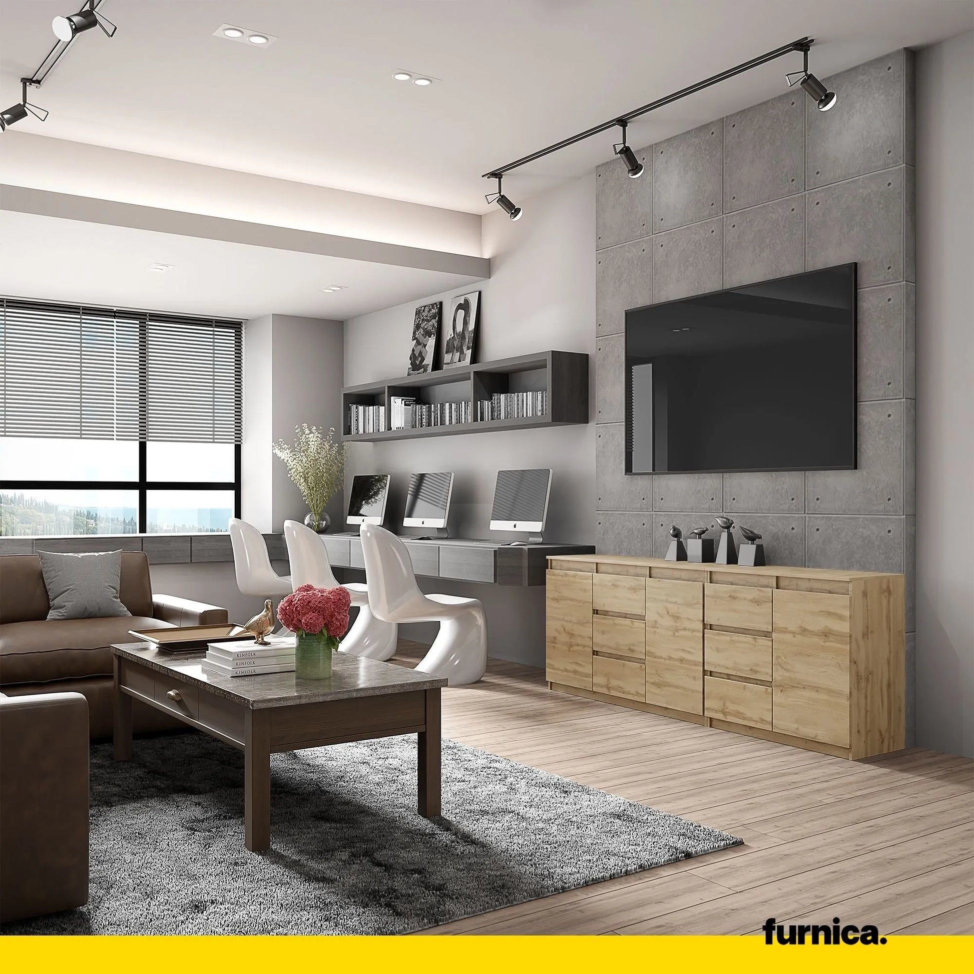 MIKEL - Kommode mit 6 Schubladen und 3 Türen - Schlafzimmer Kommode Aufbewahrung Schrank Sideboard - Wotan Eiche H75cm B200cm T35cm – Furnica
