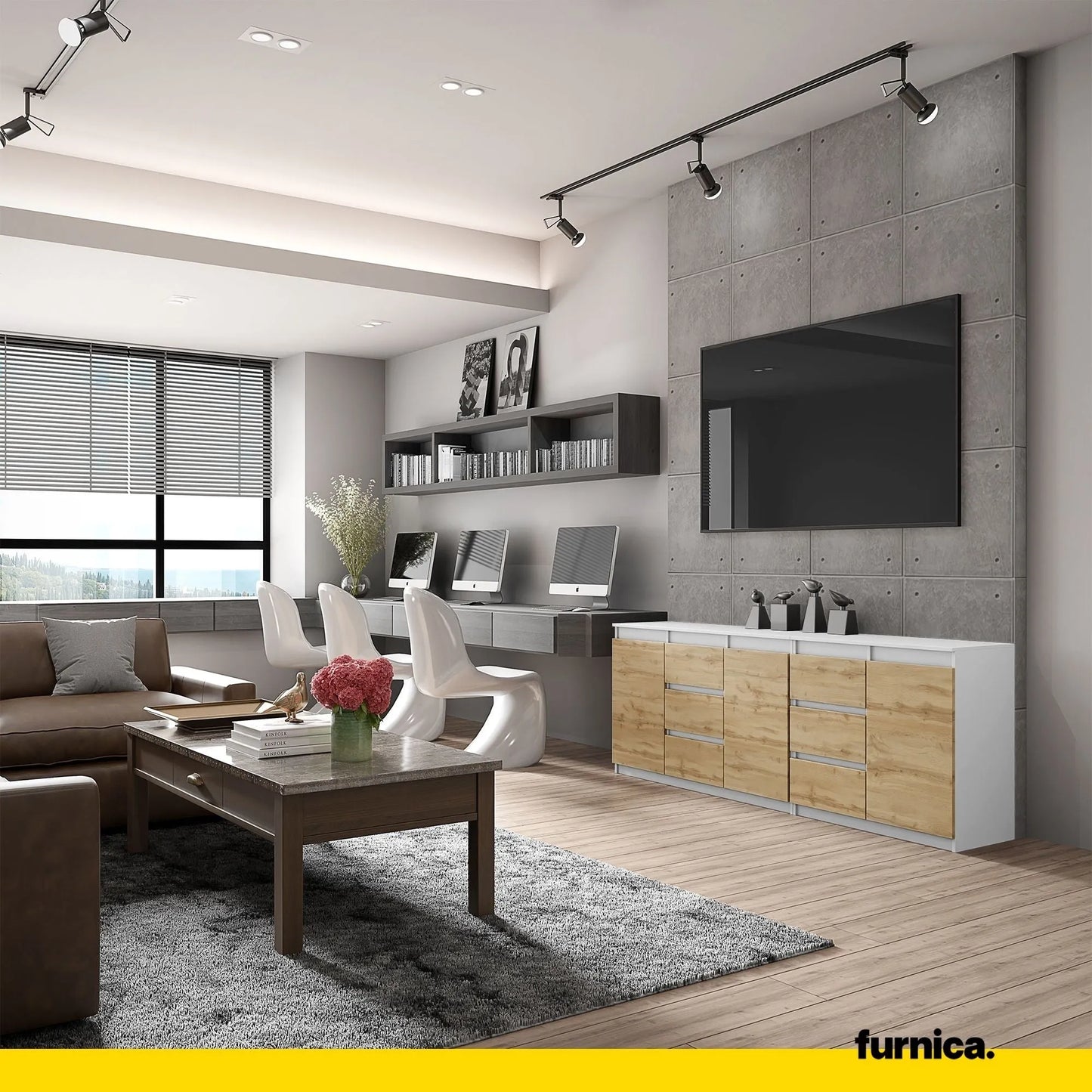 MIKEL - Kommode mit 6 Schubladen und 3 Türen - Schlafzimmer Kommode Aufbewahrungsschrank Sideboard - Weiß Matt / Wotan Eiche H75cm B200cm T35cm – Furnica