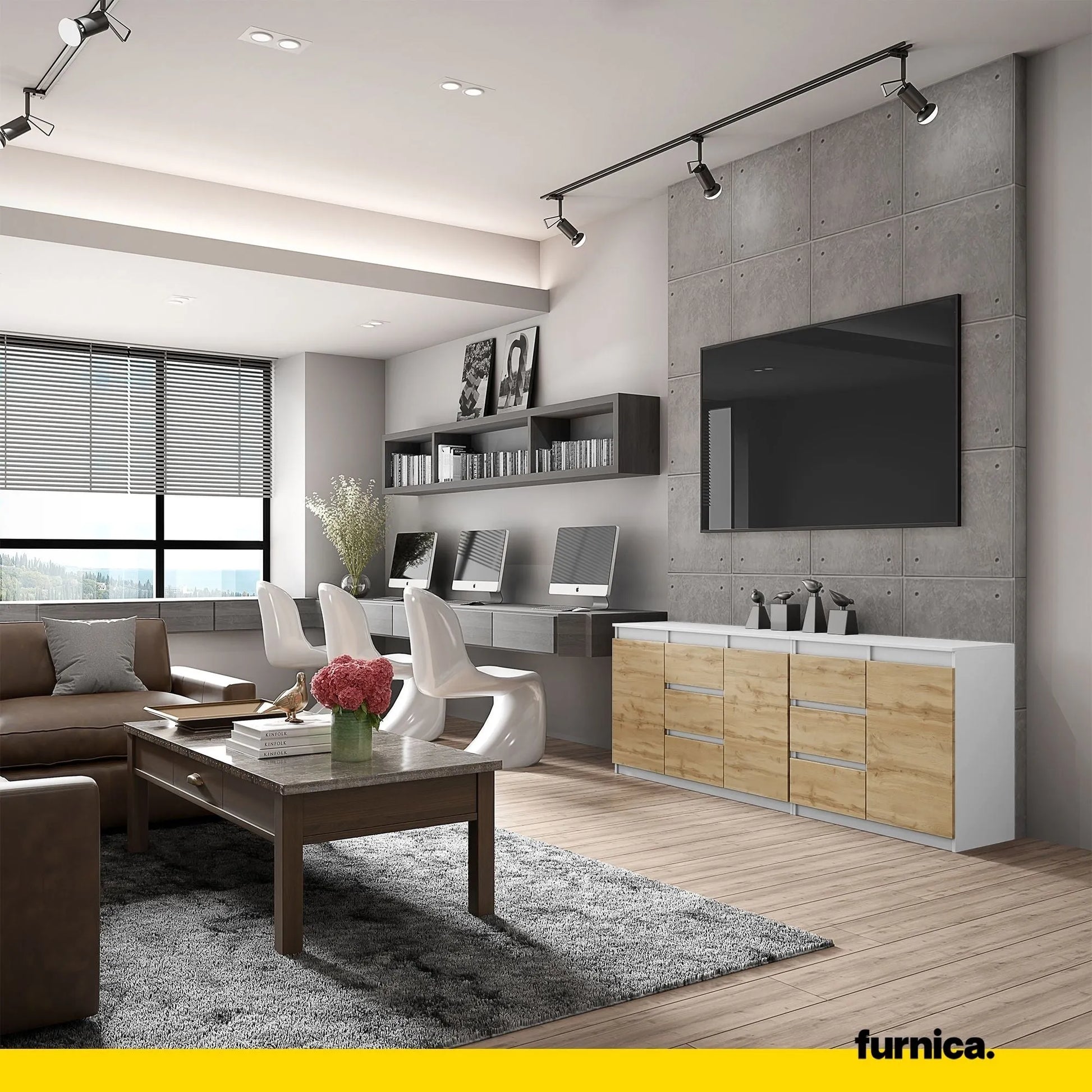 MIKEL - Kommode mit 6 Schubladen und 3 Türen - Schlafzimmer Kommode Aufbewahrungsschrank Sideboard - Weiß Matt / Wotan Eiche H75cm B200cm T35cm – Furnica