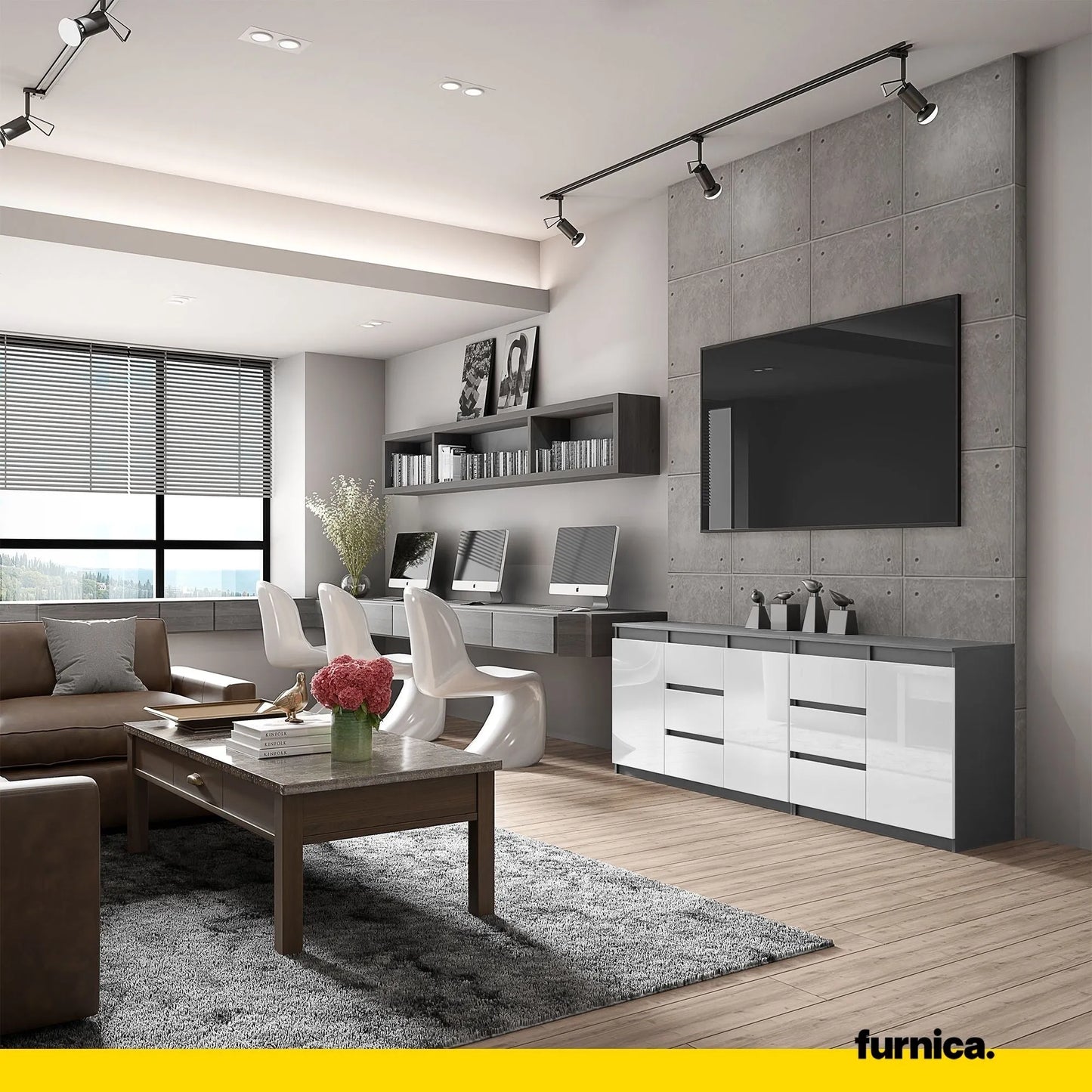 MIKEL - Kommode mit 6 Schubladen und 3 Türen - Schlafzimmer Kommode Aufbewahrungsschrank Sideboard - Anthrazit / Weiß Glanz H75cm B200cm T35cm – Furnica
