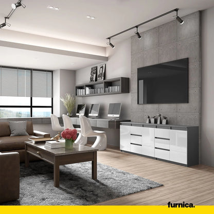 MIKEL - Kommode mit 6 Schubladen und 3 Türen - Schlafzimmer Kommode Aufbewahrungsschrank Sideboard - Anthrazit / Weiß Glanz H75cm B200cm T35cm – Furnica