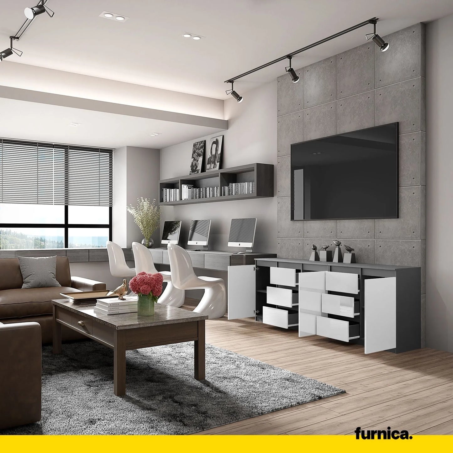 MIKEL - Kommode mit 6 Schubladen und 3 Türen - Schlafzimmer Kommode Aufbewahrungsschrank Sideboard - Anthrazit / Weiß Glanz H75cm B200cm T35cm – Furnica