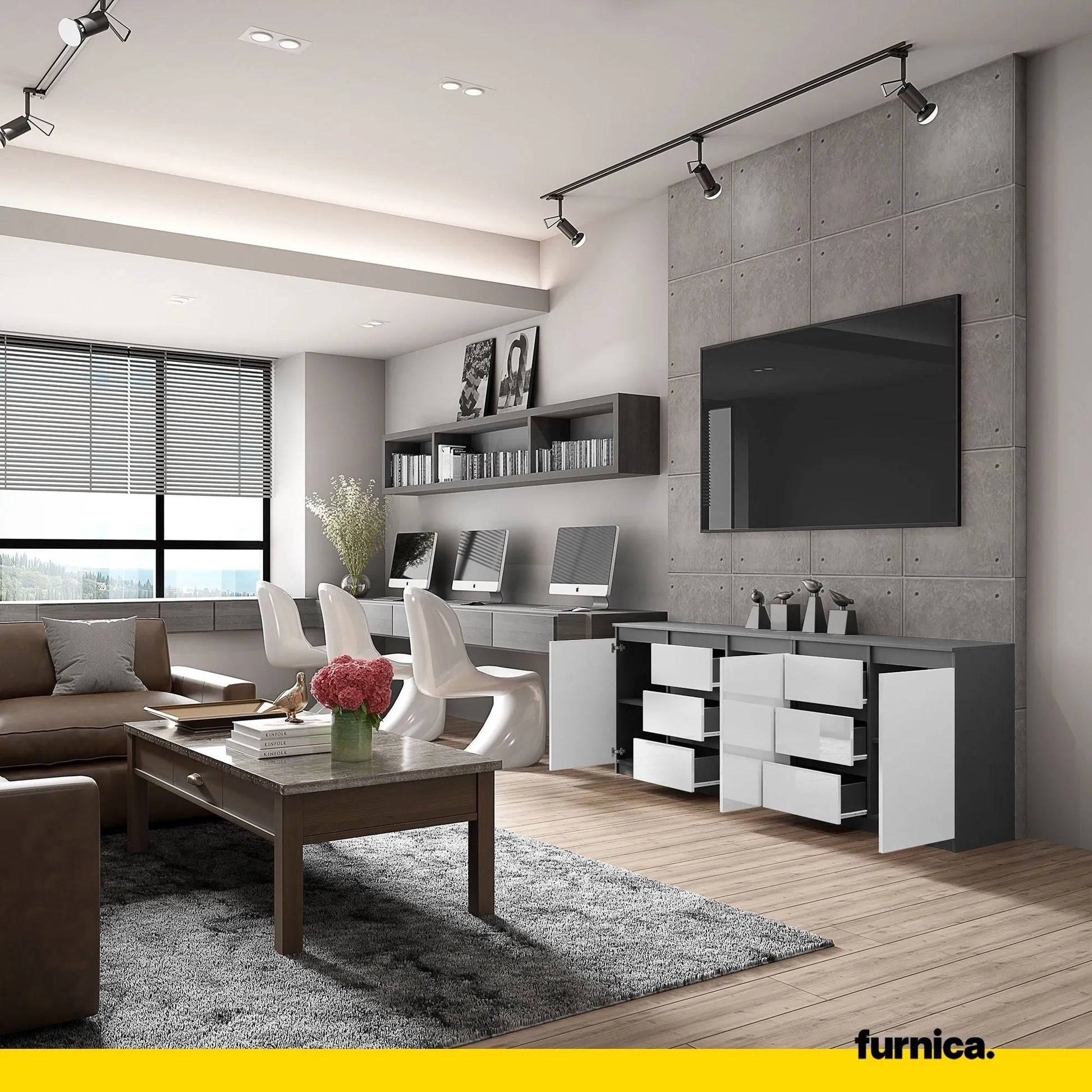 MIKEL - Kommode mit 6 Schubladen und 3 Türen - Schlafzimmer Kommode Aufbewahrungsschrank Sideboard - Anthrazit / Weiß Glanz H75cm B200cm T35cm – Furnica