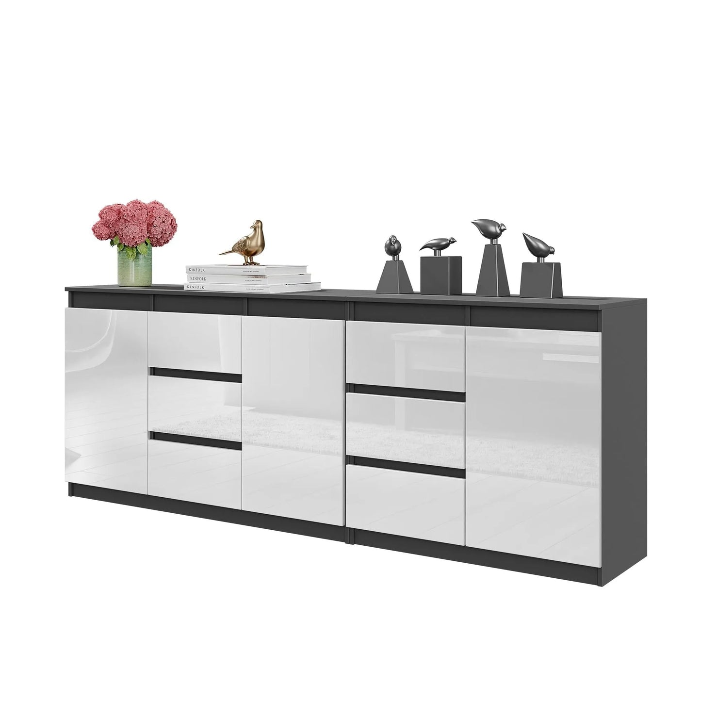 MIKEL - Kommode mit 6 Schubladen und 3 Türen - Schlafzimmer Kommode Aufbewahrungsschrank Sideboard - Anthrazit / Weiß Glanz H75cm B200cm T35cm – Furnica