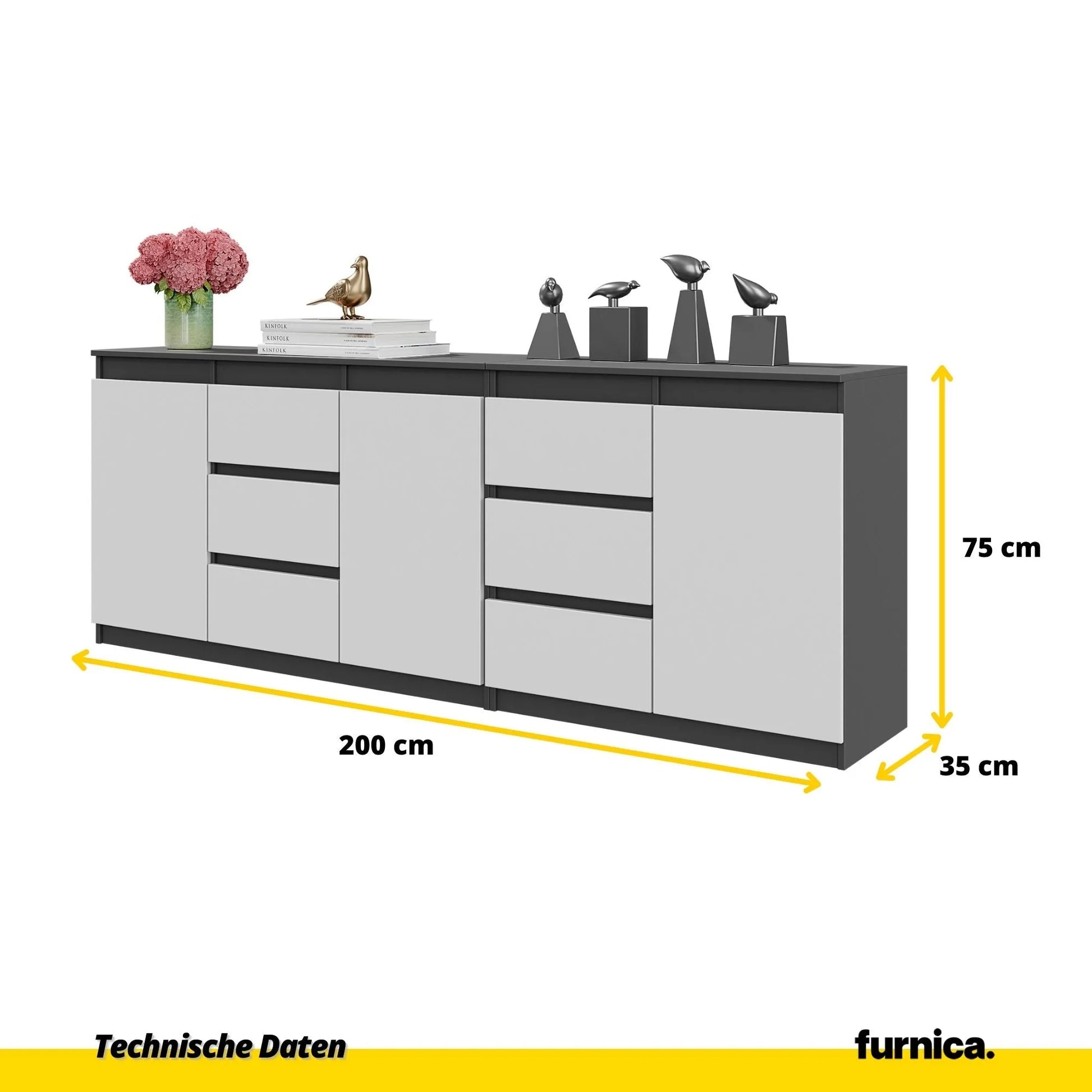 MIKEL - Kommode mit 6 Schubladen und 3 Türen - Schlafzimmer Kommode Aufbewahrungsschrank Sideboard - Anthrazit / Weiß Matt H75cm B200cm T35cm – Furnica