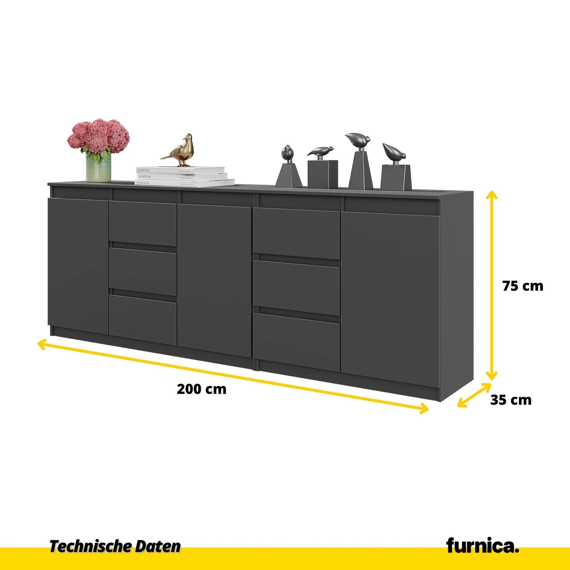 MIKEL - Kommode mit 6 Schubladen und 3 Türen - Schlafzimmer Kommode Aufbewahrungsschrank Sideboard - Anthrazit H75cm B200cm T35cm – Furnica
