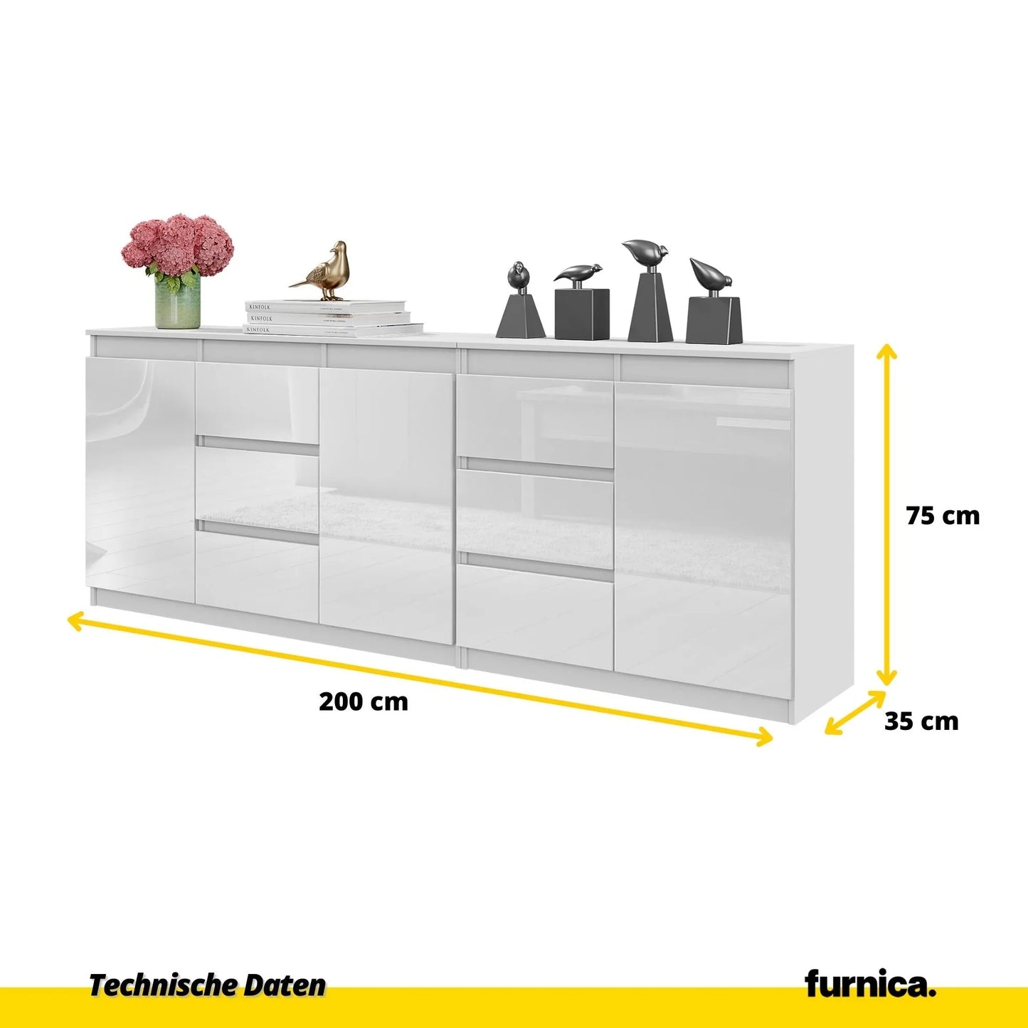 MIKEL - Kommode mit 6 Schubladen und 3 Türen - Schlafzimmer Kommode Aufbewahrungsschrank Sideboard - Weiß Matt / Weiß Glanz H75cm B200cm T35cm – Furnica