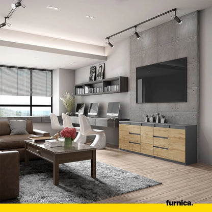 MIKEL - Kommode mit 6 Schubladen und 3 Türen - Schlafzimmer Kommode Aufbewahrungsschrank Sideboard - Anthrazit / Wotan Eiche H75cm B200cm T35cm – Furnica