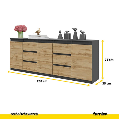 MIKEL - Kommode mit 6 Schubladen und 3 Türen - Schlafzimmer Kommode Aufbewahrungsschrank Sideboard - Anthrazit / Wotan Eiche H75cm B200cm T35cm – Furnica