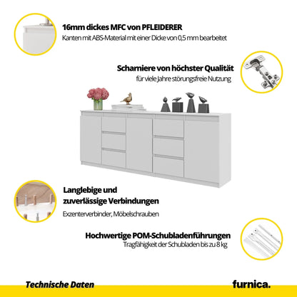 MIKEL - Kommode mit 6 Schubladen und 3 Türen - Schlafzimmer Kommode Aufbewahrungsschrank Sideboard - Anthrazit / Weiß Glanz H75cm B200cm T35cm – Furnica