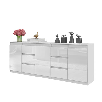 MIKEL - Kommode mit 6 Schubladen und 3 Türen - Schlafzimmer Kommode Aufbewahrungsschrank Sideboard - Weiß Matt / Weiß Glanz H75cm B200cm T35cm – Furnica