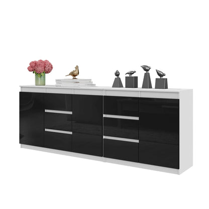 MIKEL - Kommode mit 6 Schubladen und 3 Türen - Schlafzimmer Kommode Aufbewahrungsschrank Sideboard - Weiß Matt / Schwarz Glanz H75cm B200cm T35cm – Furnica