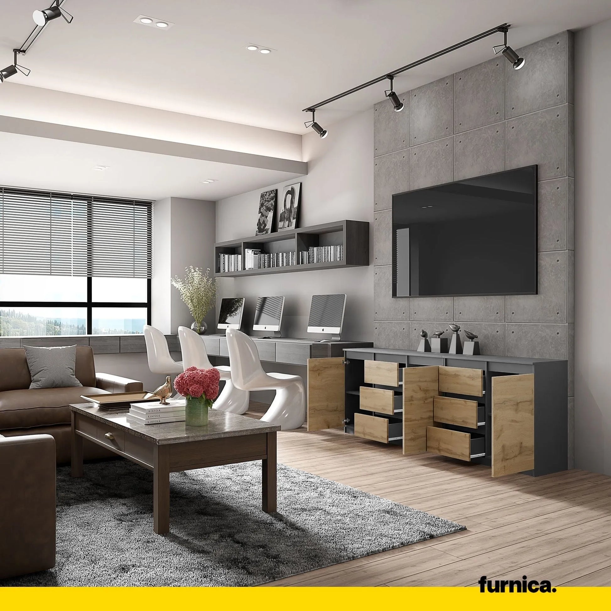 MIKEL - Kommode mit 6 Schubladen und 3 Türen - Schlafzimmer Kommode Aufbewahrungsschrank Sideboard - Anthrazit / Wotan Eiche H75cm B200cm T35cm – Furnica