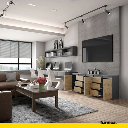 MIKEL - Kommode mit 6 Schubladen und 3 Türen - Schlafzimmer Kommode Aufbewahrungsschrank Sideboard - Anthrazit / Wotan Eiche H75cm B200cm T35cm – Furnica