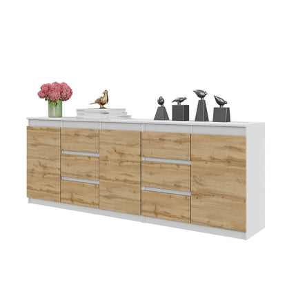 MIKEL - Kommode mit 6 Schubladen und 3 Türen - Schlafzimmer Kommode Aufbewahrungsschrank Sideboard - Weiß Matt / Wotan Eiche H75cm B200cm T35cm – Furnica