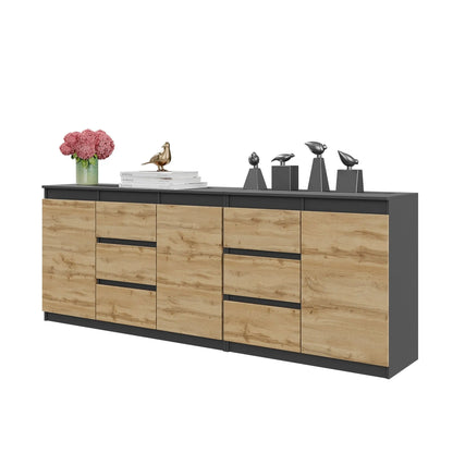 MIKEL - Kommode mit 6 Schubladen und 3 Türen - Schlafzimmer Kommode Aufbewahrungsschrank Sideboard - Anthrazit / Wotan Eiche H75cm B200cm T35cm – Furnica