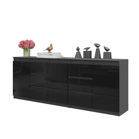 MIKEL - Kommode mit 6 Schubladen und 3 Türen - Schlafzimmer Kommode Aufbewahrungsschrank Sideboard - Anthrazit / Schwarz Glanz H75cm B200cm T35cm – Furnica
