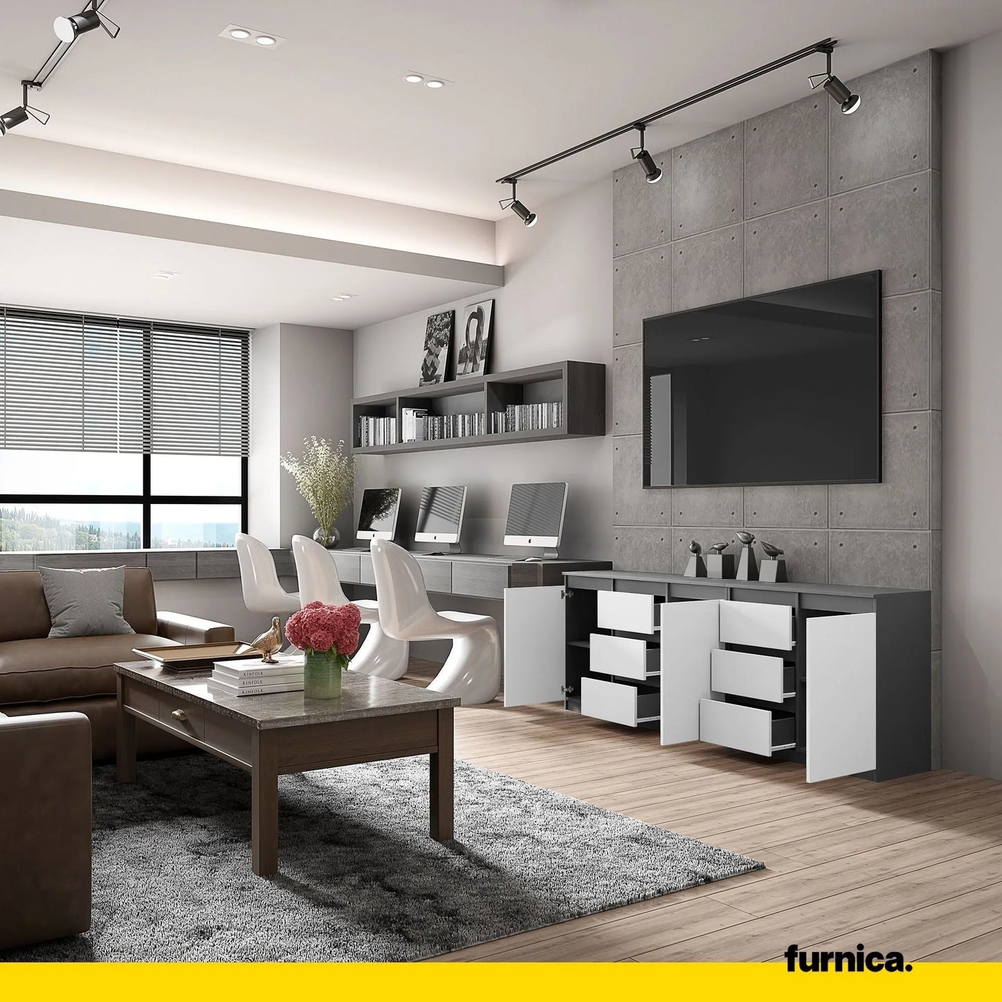 MIKEL - Kommode mit 6 Schubladen und 3 Türen - Schlafzimmer Kommode Aufbewahrungsschrank Sideboard - Anthrazit / Weiß Matt H75cm B200cm T35cm – Furnica
