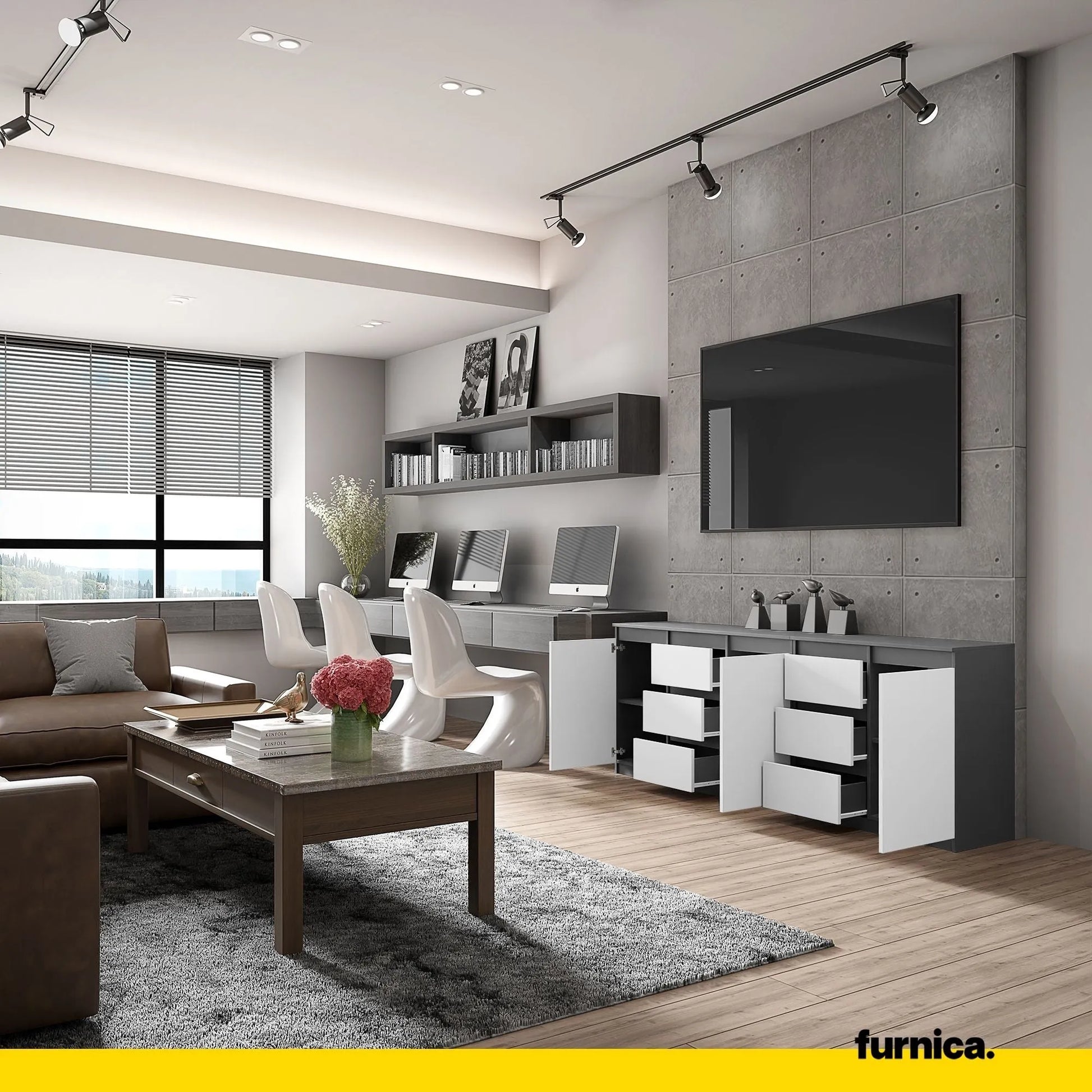 MIKEL - Kommode mit 6 Schubladen und 3 Türen - Schlafzimmer Kommode Aufbewahrungsschrank Sideboard - Anthrazit / Weiß Matt H75cm B200cm T35cm – Furnica