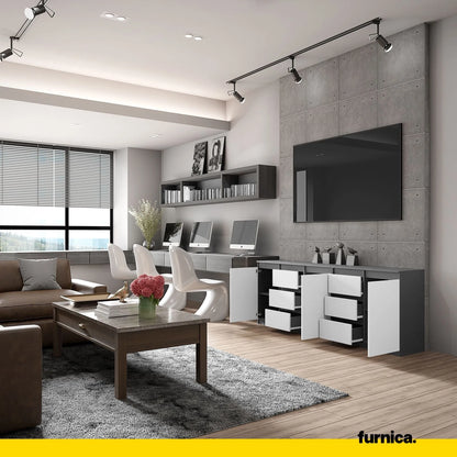 MIKEL - Kommode mit 6 Schubladen und 3 Türen - Schlafzimmer Kommode Aufbewahrungsschrank Sideboard - Anthrazit / Weiß Matt H75cm B200cm T35cm – Furnica