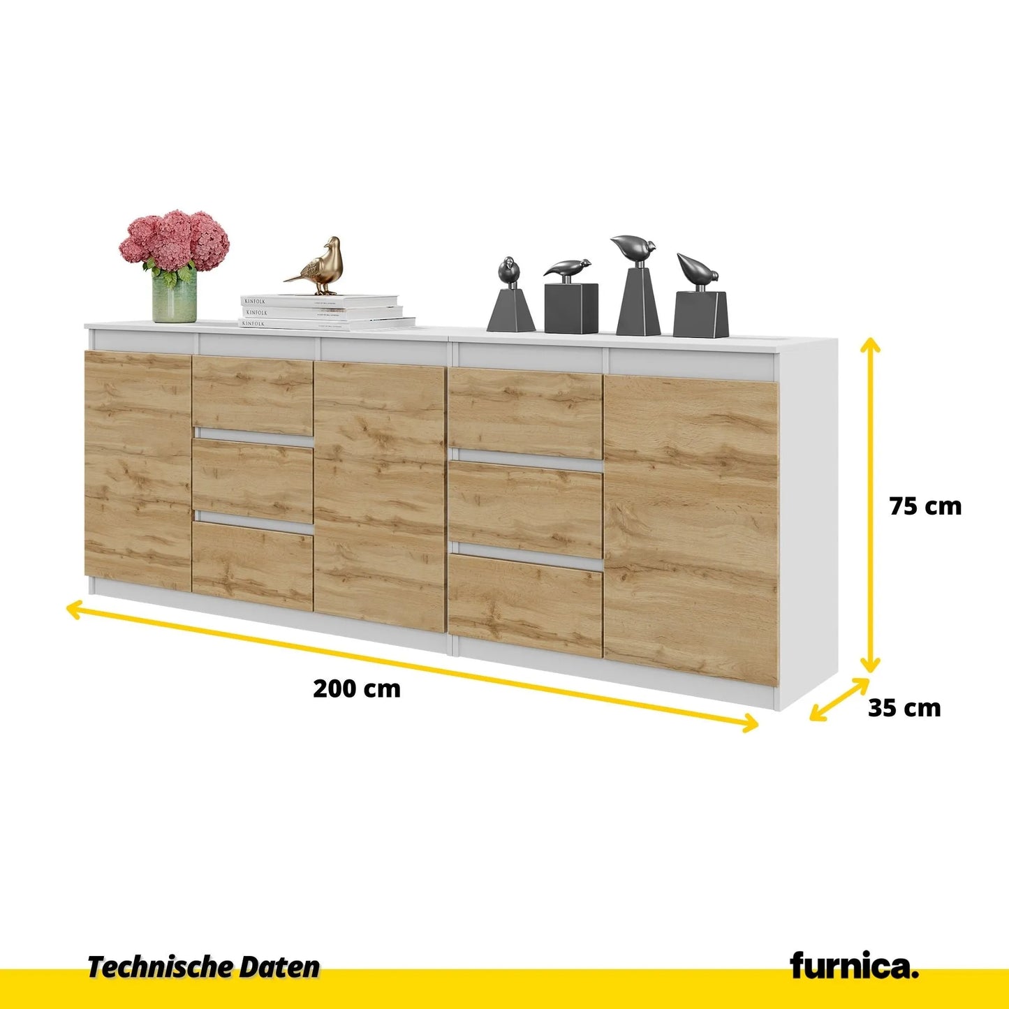 MIKEL - Kommode mit 6 Schubladen und 3 Türen - Schlafzimmer Kommode Aufbewahrungsschrank Sideboard - Weiß Matt / Wotan Eiche H75cm B200cm T35cm – Furnica