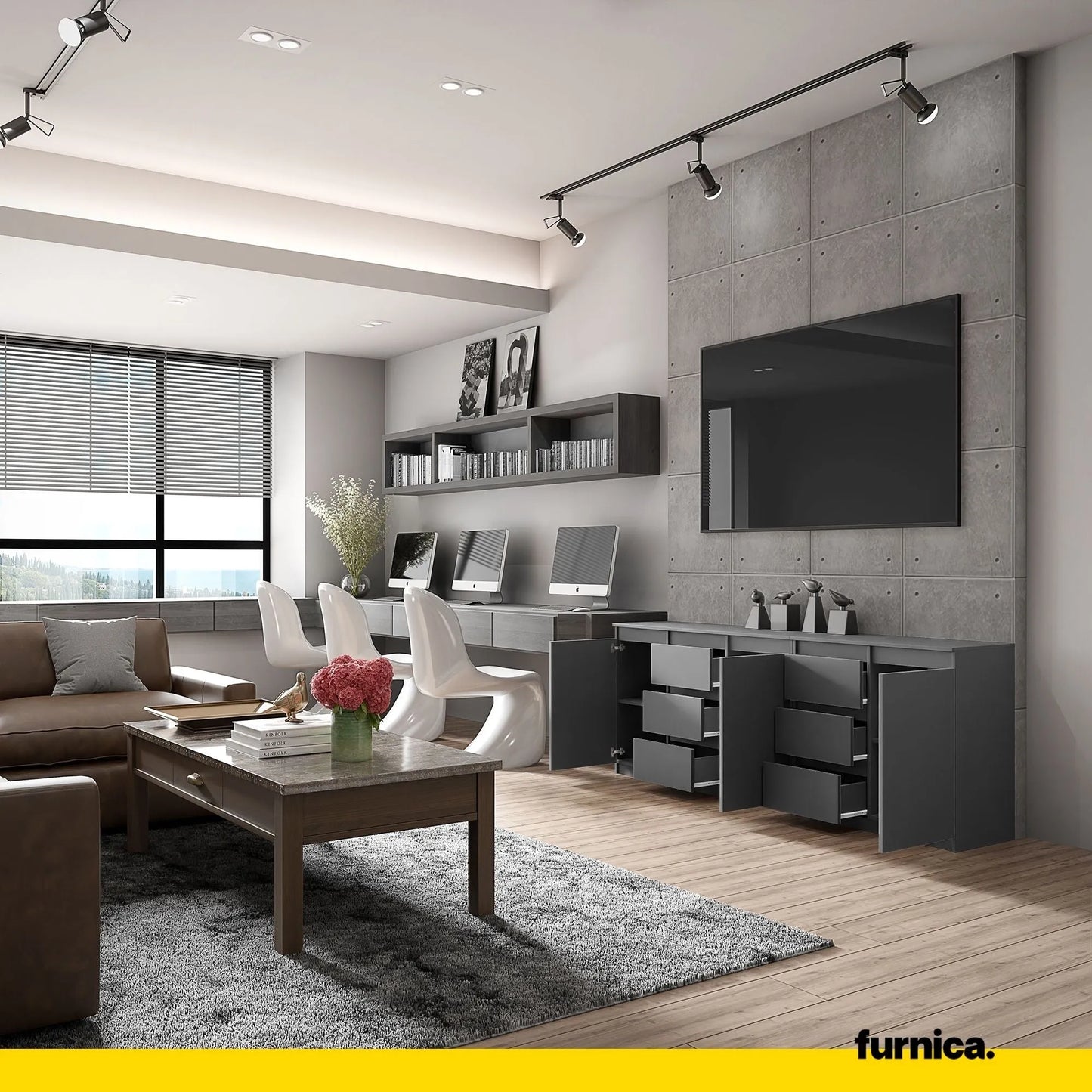 MIKEL - Kommode mit 6 Schubladen und 3 Türen - Schlafzimmer Kommode Aufbewahrungsschrank Sideboard - Anthrazit H75cm B200cm T35cm – Furnica