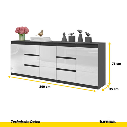 MIKEL - Kommode mit 6 Schubladen und 3 Türen - Schlafzimmer Kommode Aufbewahrungsschrank Sideboard - Anthrazit / Weiß Glanz H75cm B200cm T35cm – Furnica