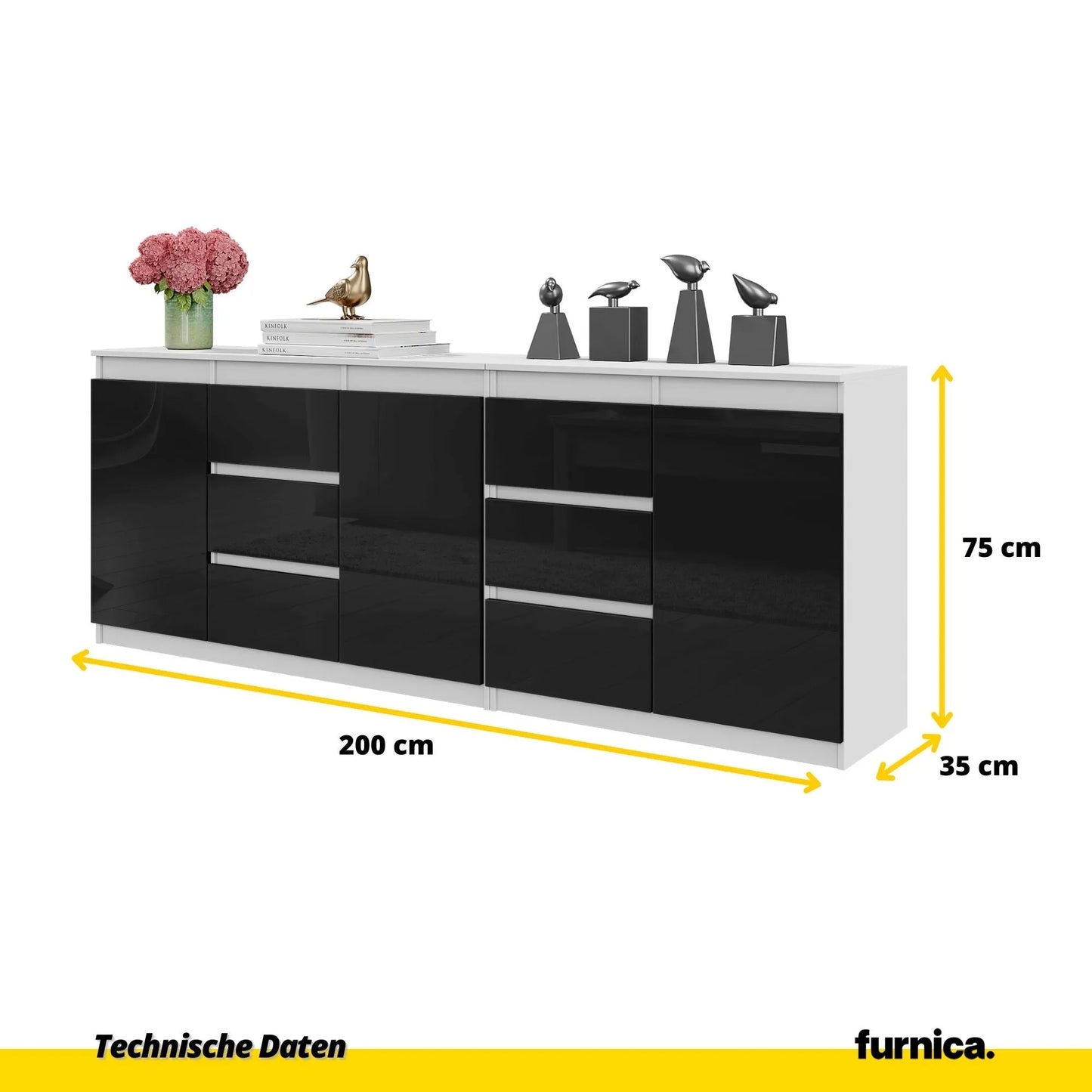 MIKEL - Kommode mit 6 Schubladen und 3 Türen - Schlafzimmer Kommode Aufbewahrungsschrank Sideboard - Weiß Matt / Schwarz Glanz H75cm B200cm T35cm – Furnica