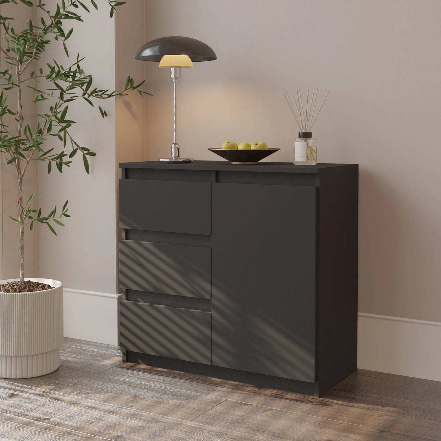 MIKEL - Kommode / Sideboard mit 3 Schubladen und 1 Tür - Anthrazit Grau H75cm B80cm T35cm – Furnica