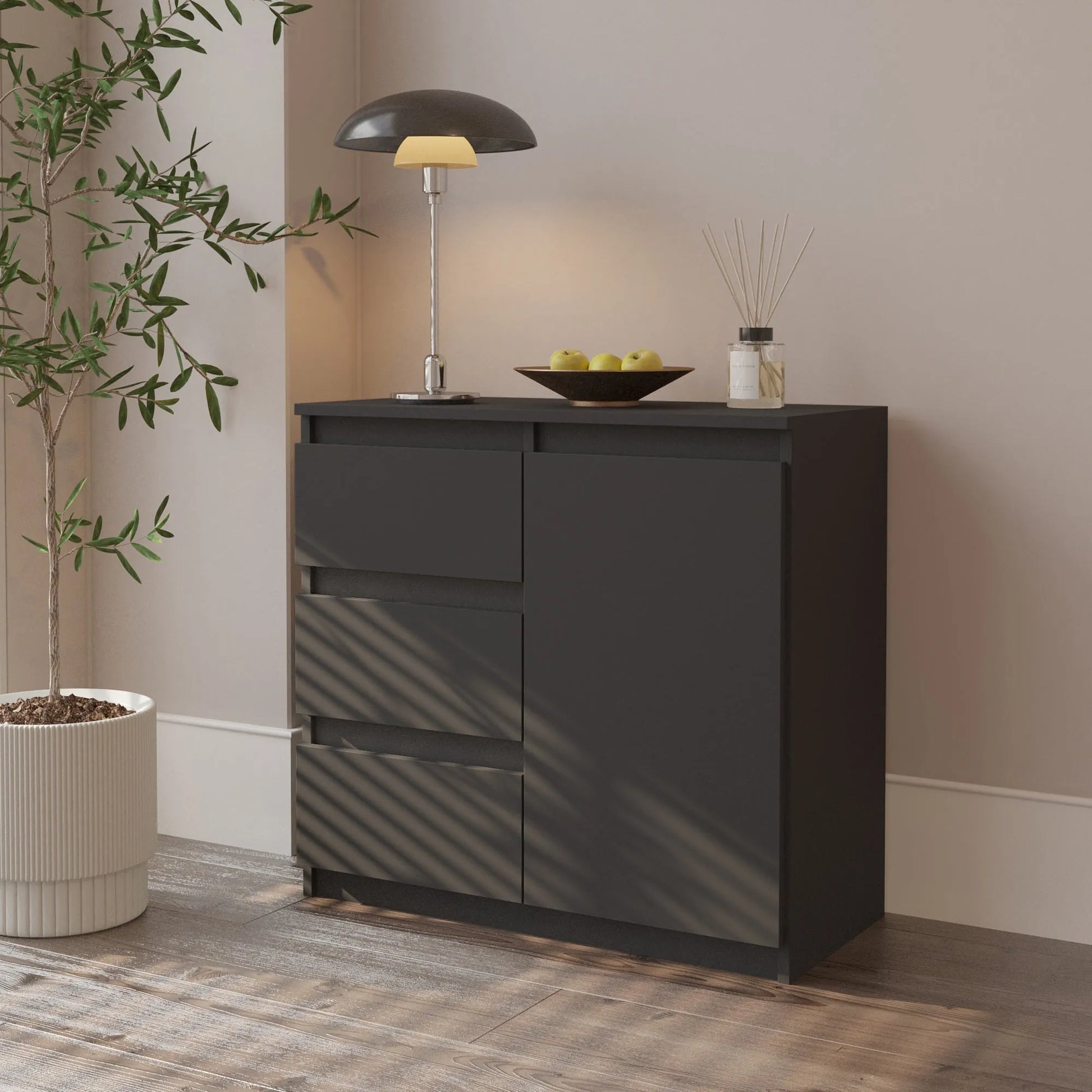 MIKEL - Kommode / Sideboard mit 3 Schubladen und 1 Tür - Anthrazit Grau H75cm B80cm T35cm – Furnica