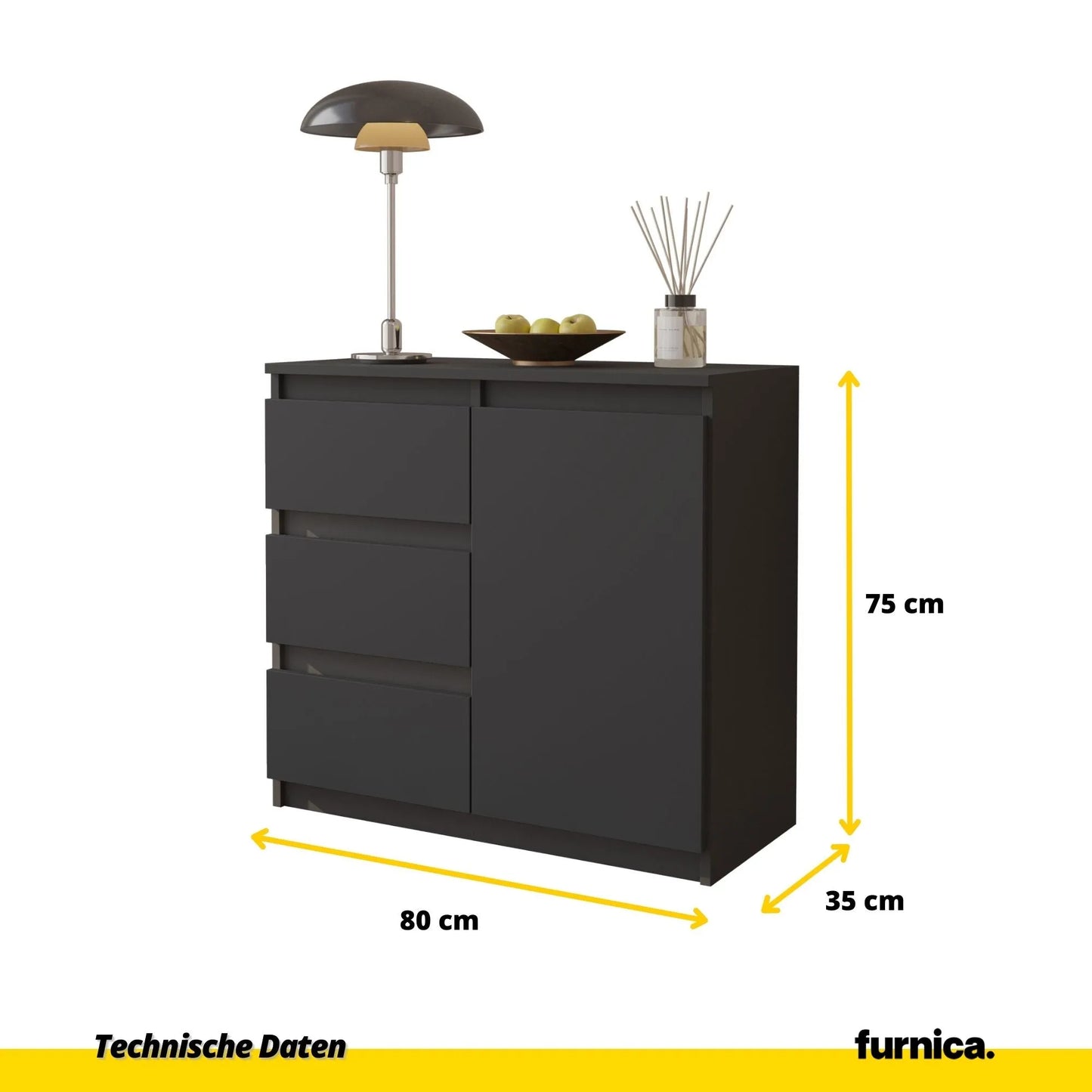 MIKEL - Kommode / Sideboard mit 3 Schubladen und 1 Tür - Anthrazit Grau H75cm B80cm T35cm – Furnica