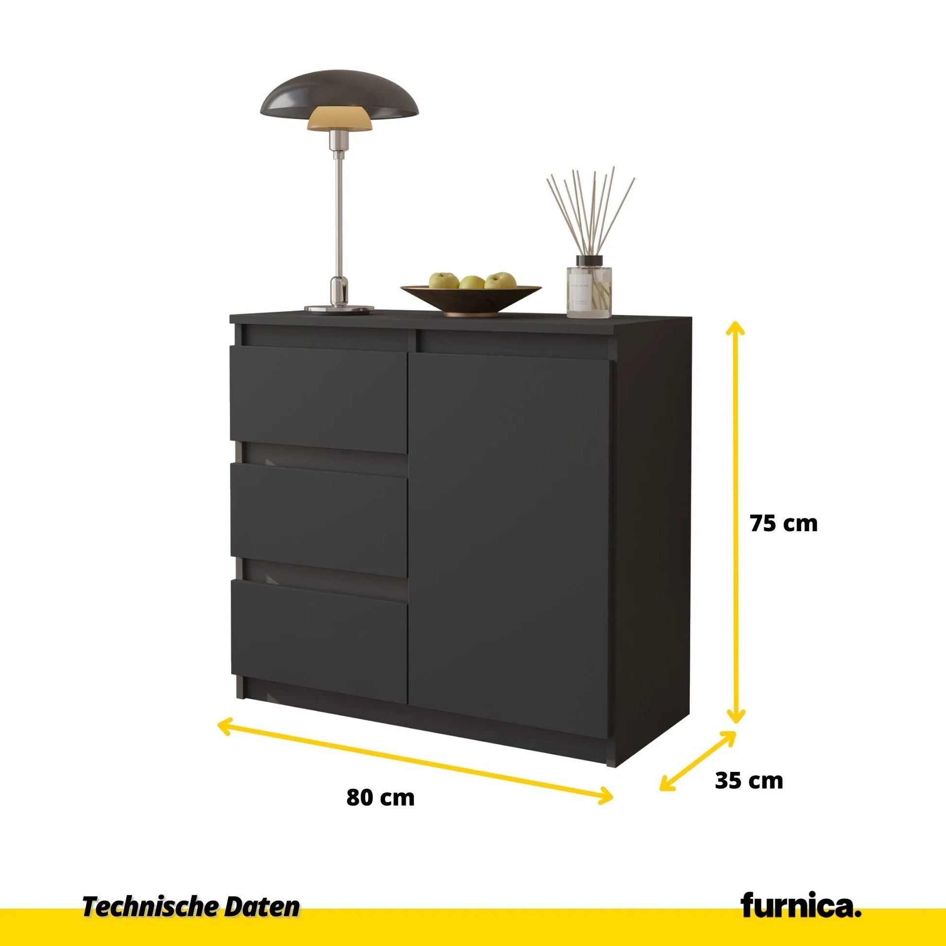 MIKEL - Kommode / Sideboard mit 3 Schubladen und 1 Tür - Anthrazit Grau H75cm B80cm T35cm – Furnica