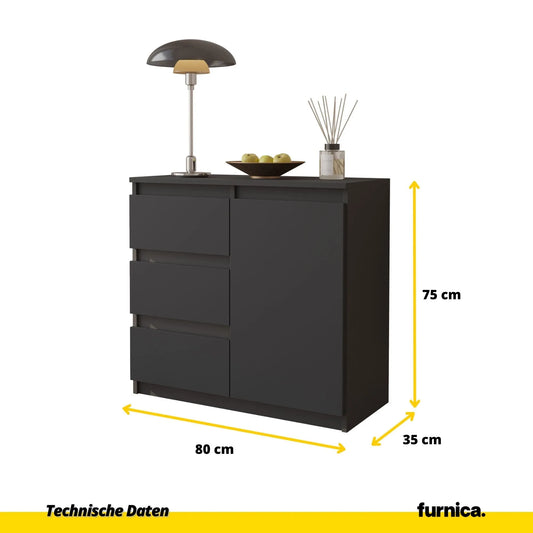 MIKEL - Kommode / Sideboard mit 3 Schubladen und 1 Tür - Anthrazit Grau H75cm B80cm T35cm – Furnica