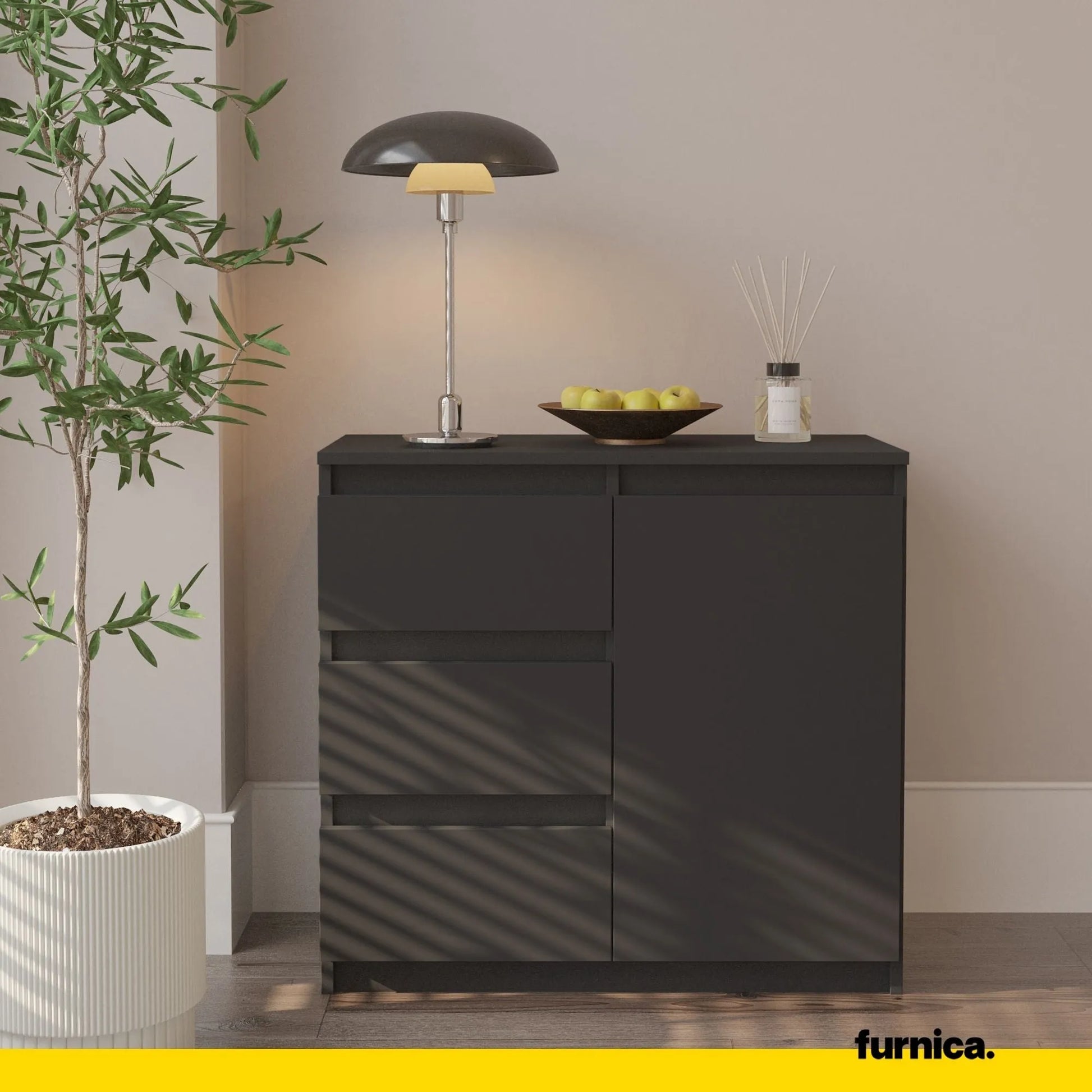 MIKEL - Kommode / Sideboard mit 3 Schubladen und 1 Tür - Anthrazit Grau H75cm B80cm T35cm – Furnica