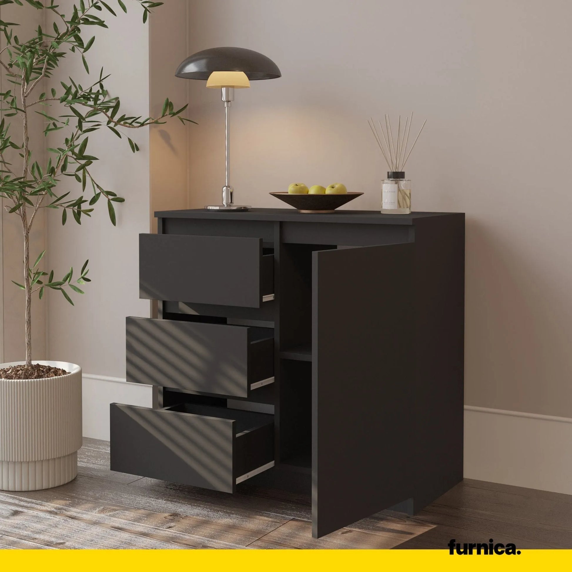 MIKEL - Kommode / Sideboard mit 3 Schubladen und 1 Tür - Anthrazit Grau H75cm B80cm T35cm – Furnica