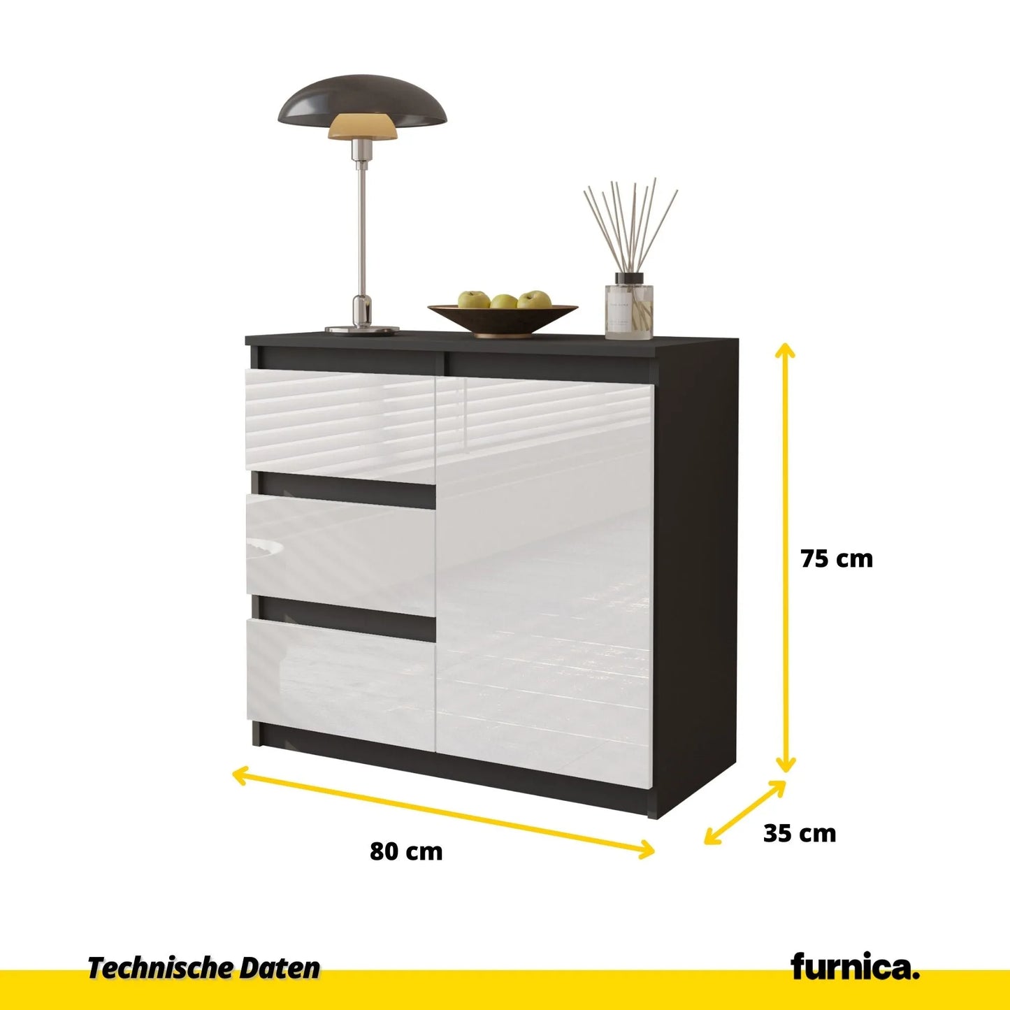 MIKEL - Kommode / Sideboard mit 3 Schubladen und 1 Tür - Anthrazit Grau / Weiß Gloss H75cm B80cm T35cm – Furnica